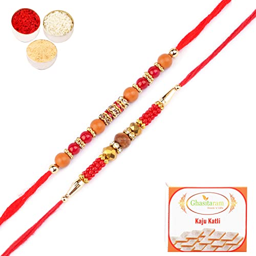 Ghasitaram Gifts Rakhi for Brother Rakhis Online - Set of 2- Nbh-226 and 6945 Rakhi Thread with 200 gms of Kaju katli von Ghasitaram Gifts