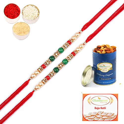 Ghasitaram Gifts Rakhi for Brother Rakhis Online -Set of 2 - Nbh-236 Pearl Rakhi For my Brother with 100 gms of Dryfruits Mix Can 200 gms of Kaju katli von Ghasitaram Gifts