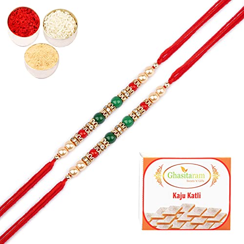 Ghasitaram Gifts Rakhi for Brother Rakhis Online -Set of 2 - Nbh-236 Pearl Rakhi For my Brother with 400 gms of Kaju katli von Ghasitaram Gifts