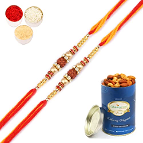 Ghasitaram Gifts Rakhi for Brother Rakhis Online Set of 2 -Nbh-252- Rudraksh Rakhi with 100 gms of Dryfruits Mix Can von Ghasitaram Gifts