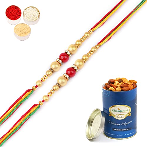 Ghasitaram Gifts Rakhi for Brother Rakhis Online - Set of 2 - Nbh242 Fancy Thread Rakhi with 100 gms of Dryfruits Mix Can von Ghasitaram Gifts