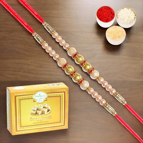 Ghasitaram Gifts Rakhi for Brother Rakhis Online - Set of 2 - Pearl Rakhi for My Brother with 200 GMS of Soan Papdi Ghasitaram Gifts Rakhi for Brother Rakhis Online - Set of 2 - Pearl Rakhi for My Brother with 200 GMS of Soan Papdi von Ghasitaram Gifts