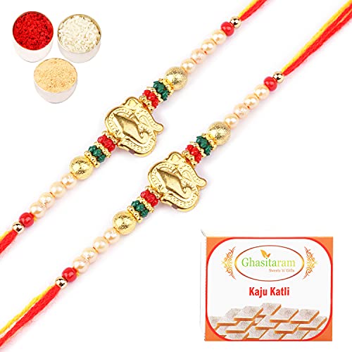 Ghasitaram Gifts Rakhi for Brother Rakhis Online - Set of 2 - R-2110 Rakhi Thread with 200 gms of Kaju katli von Ghasitaram Gifts