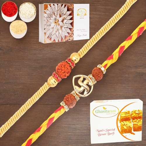 Ghasitaram Gifts Rakhi for Brother Rakhis Online - Set of 2 RM605 and R50016 Premium Rakhis with 200 gms of Besan Barfi and 200 gms of Kaju Katli Ghasitaram Gifts Rakhi for Brother Rakhis Online - Set of 2 RM605 and R50016 Premium Rakhis with 200 gms of Besan Barfi and 200 gms of Kaju Katli von Ghasitaram Gifts