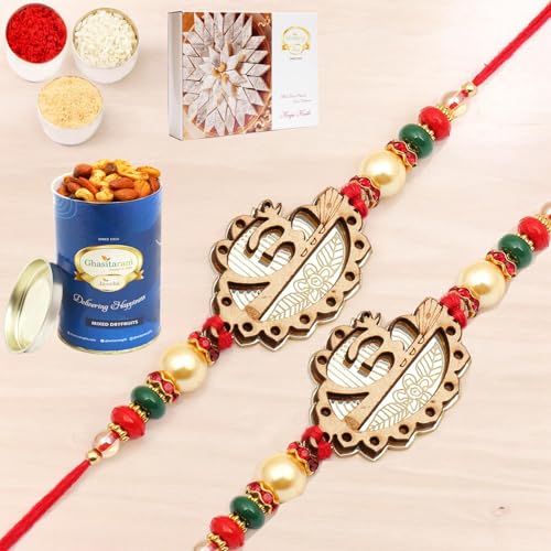 Ghasitaram Gifts Rakhi for Brother Rakhis Online - Set of 2 The Beam Of Om g7834 rakhi with 100 gms of Dryfruits Mix Can 200 gms of Kaju katli Ghasitaram Gifts Rakhi for Brother Rakhis Online - Set of 2 The Beam Of Om g7834 rakhi with 100 gms of Dryfruits Mix Can 200 gms of Kaju katli von Ghasitaram Gifts