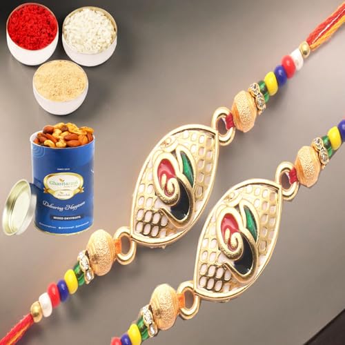 Ghasitaram Gifts Rakhi for Brother Rakhis Online - Set of 2 The Divine Colourful Blessings of Om rakhi with 100 gms of Dryfruits Mix Can Ghasitaram Gifts Rakhi for Brother Rakhis Online - Set of 2 The Divine Colourful Blessings of Om rakhi with 100 gms of Dryfruits Mix Can von Ghasitaram Gifts