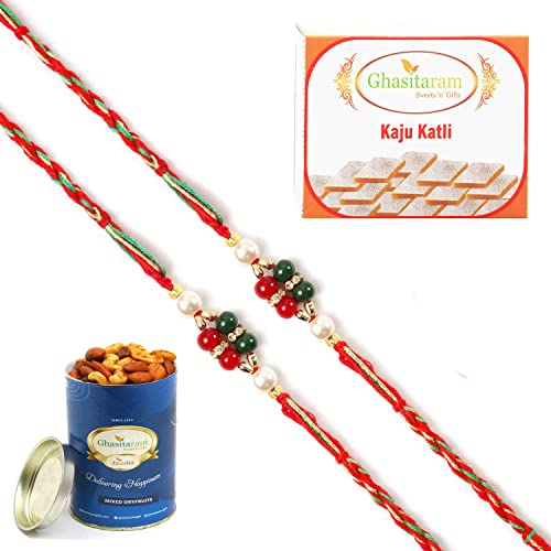 Ghasitaram Gifts Rakhi for Brother Rakhis Online - Set of 2 - ra4112 Pearl Rakhi For my Brother with 100 gms of Dryfruits Mix Can 200 gms of Kaju katli Ghasitaram Gifts Rakhi for Brother Rakhis Online - Set of 2 - ra4112 Pearl Rakhi For my Brother with 100 gms of Dryfruits Mix Can 200 gms of Kaju katli von Ghasitaram Gifts