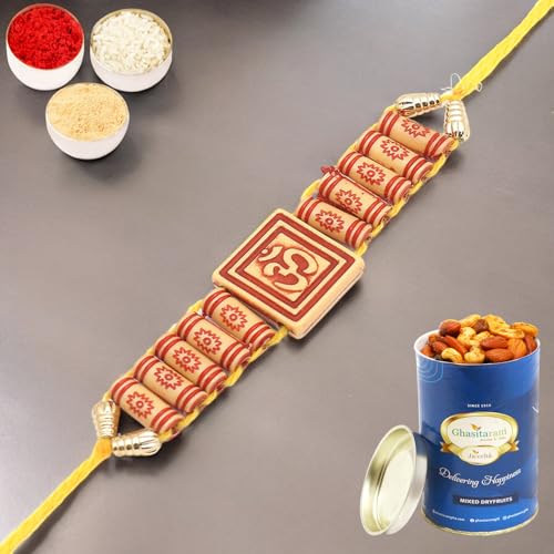 Ghasitaram Gifts Rakhi for Brother Rakhis Online - Substance of Om d0001 Rakhi with 100 GMS of Dryfruits Mix Can von Ghasitaram Gifts