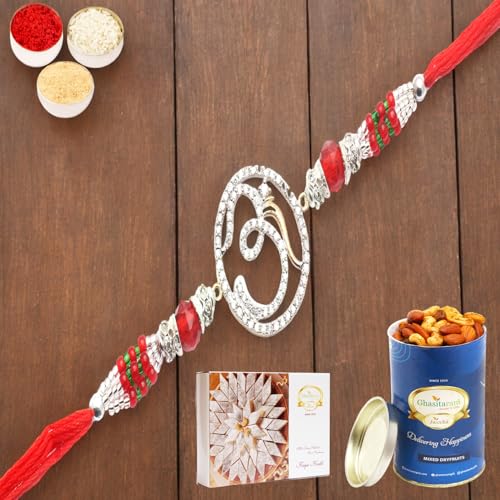 Ghasitaram Gifts Rakhi for Brother Rakhis Online - The Divine Grace of Om Diamond Rakhi with 100 gms of Dryfruits Mix Can 200 gms of Kaju katli Ghasitaram Gifts Rakhi for Brother Rakhis Online - The Divine Grace of Om Diamond Rakhi with 100 gms of Dryfruits Mix Can 200 gms of Kaju katli von Ghasitaram Gifts