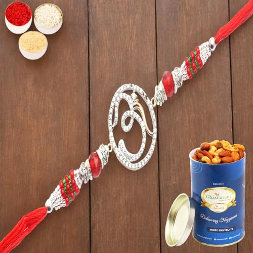 Ghasitaram Gifts Rakhi for Brother Rakhis Online - The Divine Grace of Om Diamond Rakhi with 100 gms of Dryfruits Mix Can von Ghasitaram Gifts