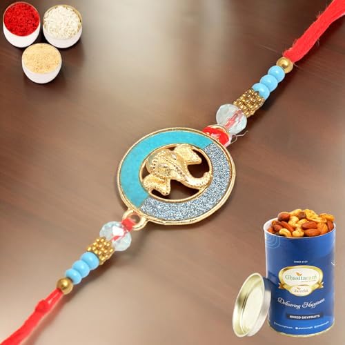 Ghasitaram Gifts Rakhi for Brother Rakhis Online - The Riddhi Siddhi Ganpati Blessings for my Brother Rakhi with 100 gms of Dryfruits Mix Can von Ghasitaram Gifts