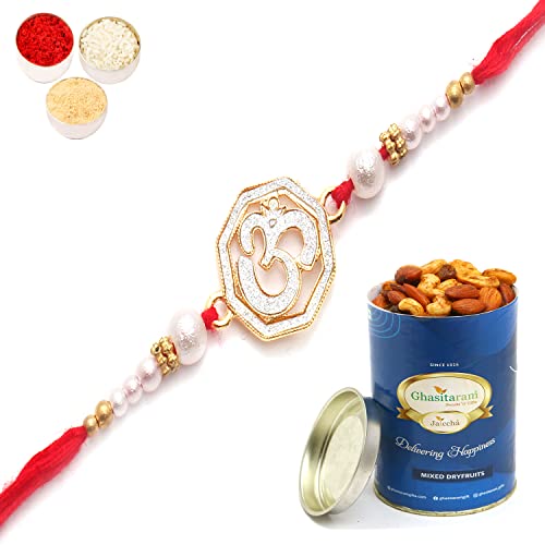 Ghasitaram Gifts Rakhi for Brother Rakhis Online - The Sparkle of Heavenly Divine Blessings for My brother Rakhi with 100 gms of Dryfruits Mix Can von Ghasitaram Gifts