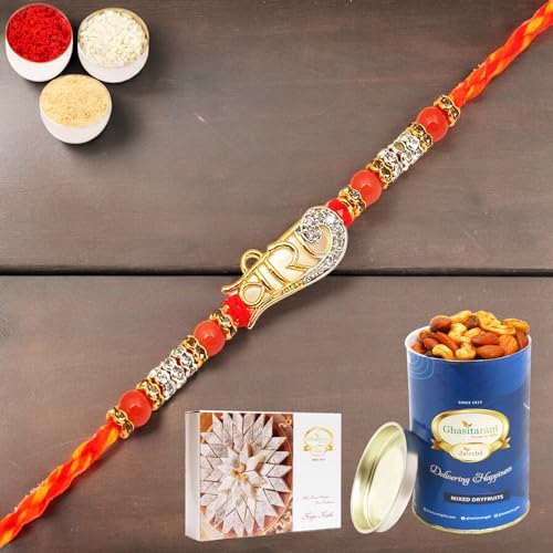 Ghasitaram Gifts Rakhi for Brother Rakhis Online - Veera 7262 rakhi with 100 gms of Dryfruits Mix Can 200 gms of Kaju katli von Ghasitaram Gifts