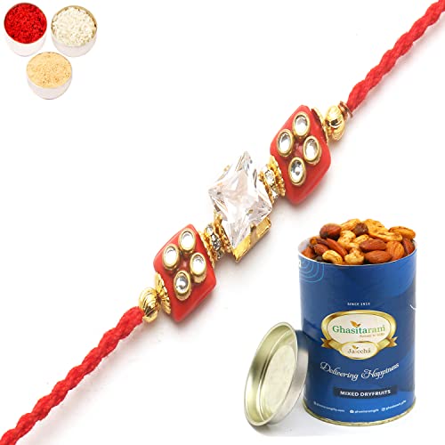 Ghasitaram Gifts Rakhi for Brother Rakhis Online - d209 diamond rakhi with 100 gms of Dryfruits Mix Can von Ghasitaram Gifts