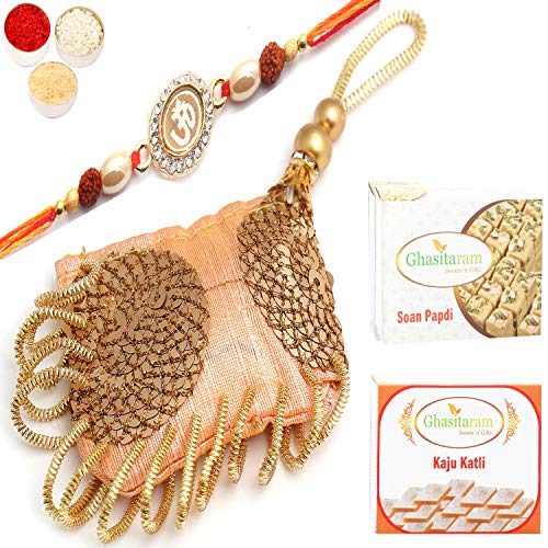 Ghasitaram Gifts Rakhis Online- Cushions of Bonds Bhaiya Bhabhi Rakhi with 200 GMS of Kaju katli and 200 GMS of Soan Papdi von Ghasitaram Gifts