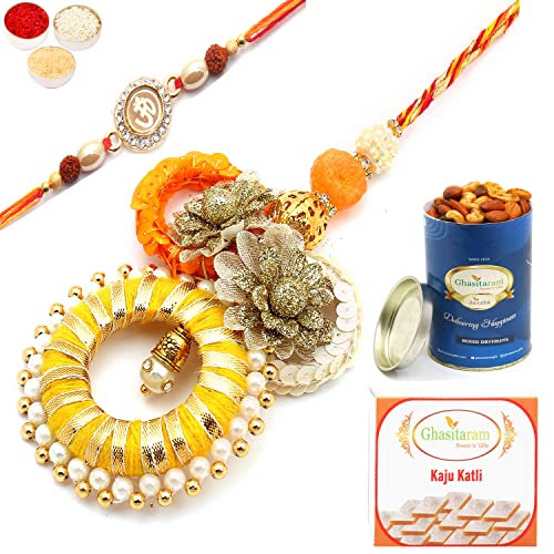 Ghasitaram Gifts Rakhis Online - Echoes of Care rm071 Bhaiya Bhabhi Rakhi with 100 gms of Dryfruits Mix Can 200 gms of Kaju katli von Ghasitaram Gifts