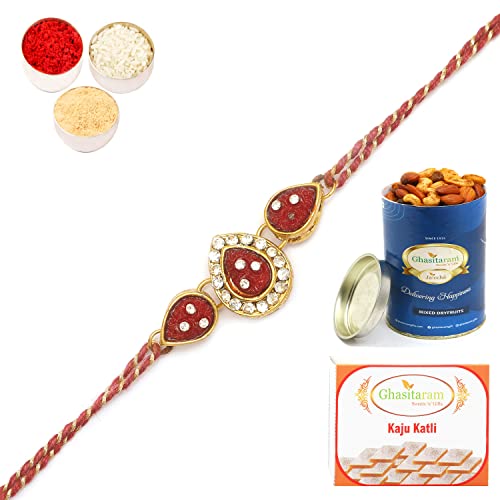 Ghasitaram Gifts Rakhis Online J-33063 Leaf Rose Jewel Rakhiwith 100 gms of Dryfruits Mix Can 200 gms of Kaju katli Ghasitaram Gifts Rakhis Online J-33063 Leaf Rose Jewel Rakhiwith 100 gms of Dryfruits Mix Can 200 gms of Kaju katli von Ghasitaram Gifts
