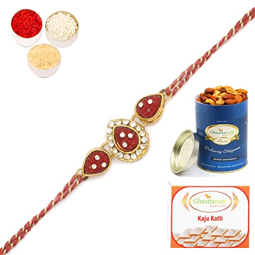 Ghasitaram Gifts Rakhis Online J-33063 Leaf Rose Jewel Rakhiwith 100 gms of Dryfruits Mix Can 200 gms of Kaju katli von Ghasitaram Gifts