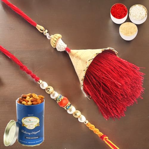 Ghasitaram Gifts Rakhis Online - Rakhi for Brother- Bong of Blessings Bhaiya Bhabhi rakhi with 100 gms of Dryfruits Mix Can von Ghasitaram Gifts