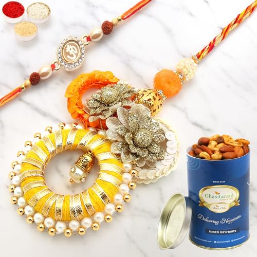 Ghasitaram Gifts Rakhis Online - Rakhi for Brother- Echoes of Care rm071 Bhaiya Bhabhi Rakhi with 100 gms of Dryfruits Mix Can von Ghasitaram Gifts