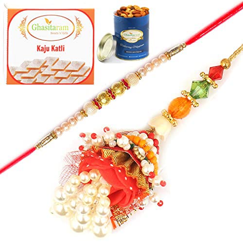 Ghasitaram Gifts Rakhis Online - Rakhi for Brother- Enticer of Faith Bhaiya Bhabhi rakhi with 100 gms of Dryfruits Mix Can 200 gms of Kaju katli Ghasitaram Gifts Rakhis Online - Rakhi for Brother- Enticer of Faith Bhaiya Bhabhi rakhi with 100 gms of Dryfruits Mix Can 200 gms of Kaju katli von Ghasitaram Gifts