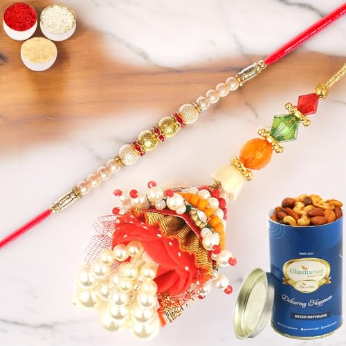 Ghasitaram Gifts Rakhis Online - Rakhi for Brother- Enticer of Faith Bhaiya Bhabhi rakhi with 100 gms of Dryfruits Mix Can Ghasitaram Gifts Rakhis Online - Rakhi for Brother- Enticer of Faith Bhaiya Bhabhi rakhi with 100 gms of Dryfruits Mix Can von Ghasitaram Gifts