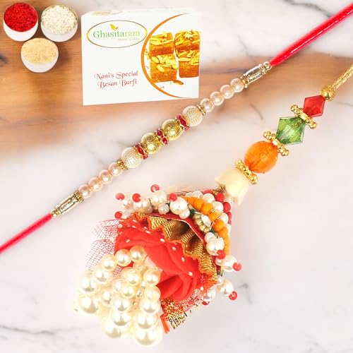 Ghasitaram Gifts Rakhis Online - Rakhi for Brother- Enticer of Faith Bhaiya Bhabhi rakhi with 200 gms of Besan Barfi Ghasitaram Gifts Rakhis Online - Rakhi for Brother- Enticer of Faith Bhaiya Bhabhi rakhi with 200 gms of Besan Barfi von Ghasitaram Gifts