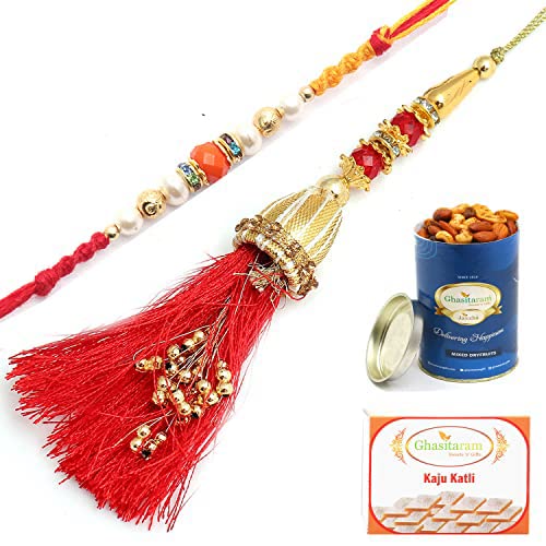 Ghasitaram Gifts Rakhis Online - Rakhi for Brother- Golden Ibiza Bhaiya Bhabhi Rakhi with 100 gms of Dryfruits Mix Can 200 gms of Kaju katli Ghasitaram Gifts Rakhis Online - Rakhi for Brother- Golden Ibiza Bhaiya Bhabhi Rakhi with 100 gms of Dryfruits Mix Can 200 gms of Kaju katli von Ghasitaram Gifts