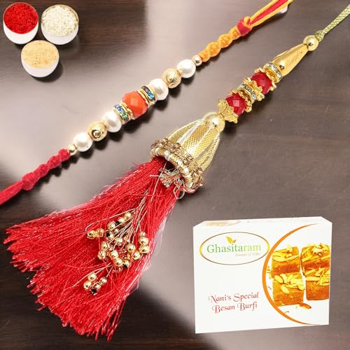 Ghasitaram Gifts Rakhis Online - Rakhi for Brother- Golden Ibiza Bhaiya Bhabhi Rakhi with 200 gms of Besan Barfi Ghasitaram Gifts Rakhis Online - Rakhi for Brother- Golden Ibiza Bhaiya Bhabhi Rakhi with 200 gms of Besan Barfi von Ghasitaram Gifts