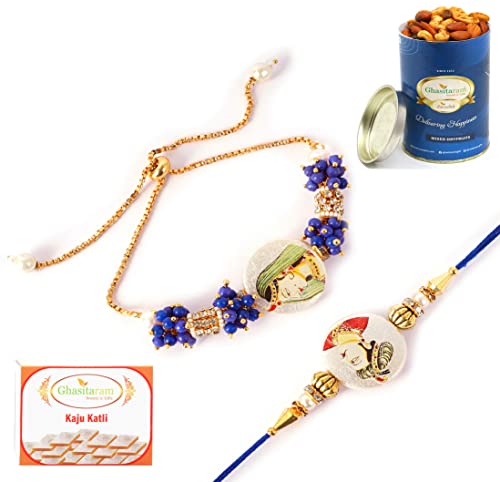 Ghasitaram Gifts Rakhis Online - Rakhi for Brother-King Queen Bhaiya Bhabhi Rakhi with 100 gms of Dryfruits Mix Can 200 gms of Kaju katli von Ghasitaram Gifts