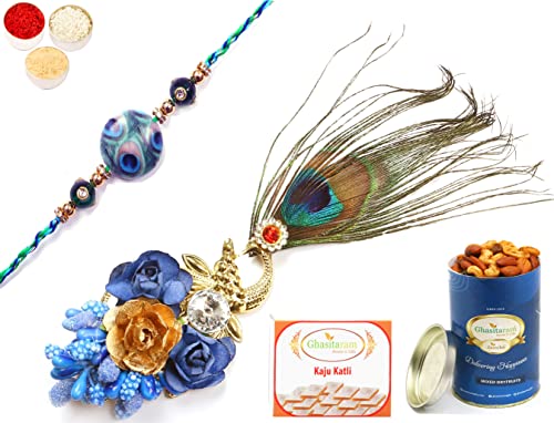 Ghasitaram Gifts Rakhis Online - Rakhi for Brother-M-102 Bhaiya Bhabhi Rakhi with 100 gms of Dryfruits Mix Can 200 gms of Kaju katli von Ghasitaram Gifts