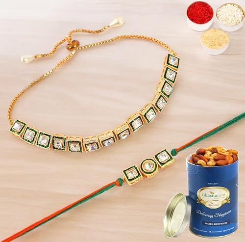 Ghasitaram Gifts Rakhis Online - Rakhi for Brother-MJ-1 Bhaiya Bhabhi Rakhi with 100 gms of Dryfruits Mix Can von Ghasitaram Gifts