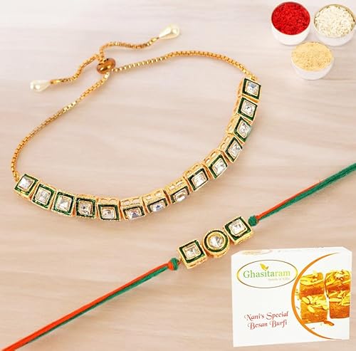 Ghasitaram Gifts Rakhis Online - Rakhi for Brother-MJ-1 Bhaiya Bhabhi Rakhi with 200 gms of Besan Barfi von Ghasitaram Gifts