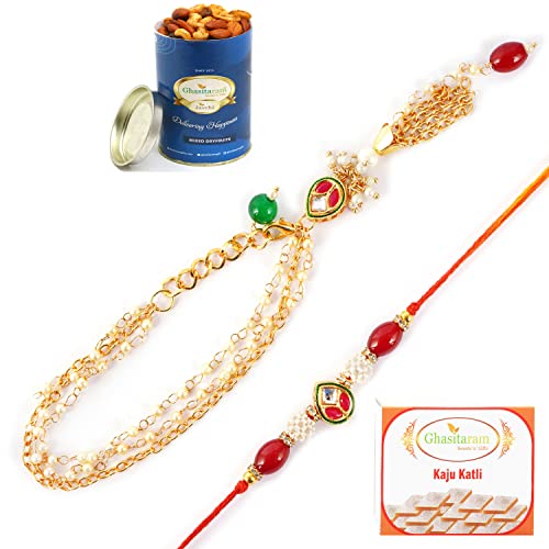 Ghasitaram Gifts Rakhis Online - Rakhi for Brother-MJ-3 Bhaiya Bhabhi Rakhi with 100 gms of Dryfruits Mix Can 200 gms of Kaju katli von Ghasitaram Gifts