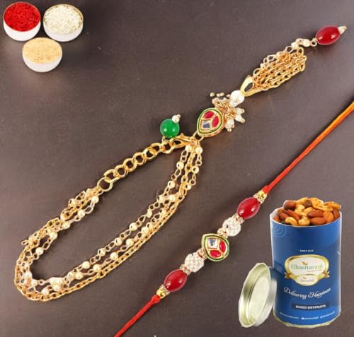 Ghasitaram Gifts Rakhis Online - Rakhi for Brother-MJ-3 Bhaiya Bhabhi Rakhi with 100 gms of Dryfruits Mix Can von Ghasitaram Gifts