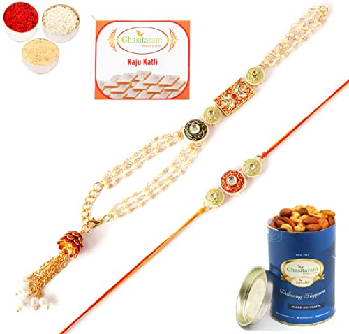 Ghasitaram Gifts Rakhis Online - Rakhi for Brother-MJ-4 Bhaiya Bhabhi Rakhi with 100 gms of Dryfruits Mix Can 200 gms of Kaju katli Ghasitaram Gifts Rakhis Online - Rakhi for Brother-MJ-4 Bhaiya Bhabhi Rakhi with 100 gms of Dryfruits Mix Can 200 gms of Kaju katli von Ghasitaram Gifts