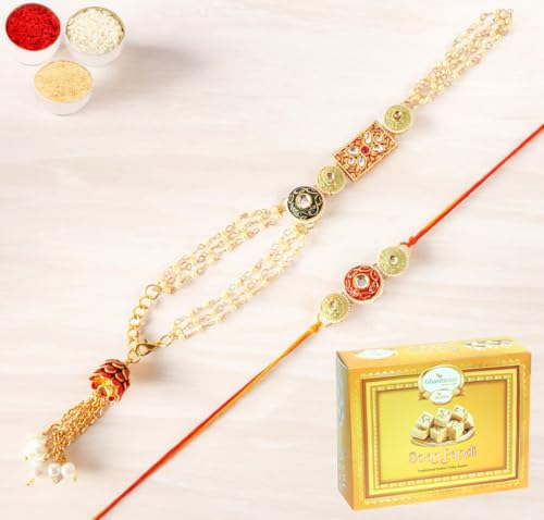 Ghasitaram Gifts Rakhis Online - Rakhi for Brother-MJ-4 Bhaiya Bhabhi Rakhi with 400 gms of Soan Papdi von Ghasitaram Gifts