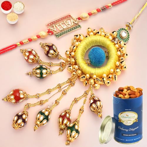 Ghasitaram Gifts Rakhis Online - Rakhi for Brother- Mere Pyaare Veera rm 072 Bhaiya Bhabhi rakhi with 100 gms of Dryfruits Mix Can von Ghasitaram Gifts