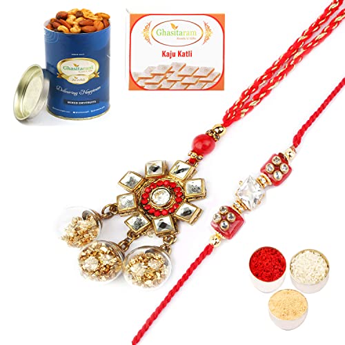 Ghasitaram Gifts Rakhis Online - Rakhi for Brother- RM-128 Bhaiya Bhabhi rakhi with 100 gms of Dryfruits Mix Can 200 gms of Kaju katli Ghasitaram Gifts Rakhis Online - Rakhi for Brother- RM-128 Bhaiya Bhabhi rakhi with 100 gms of Dryfruits Mix Can 200 gms of Kaju katli von Ghasitaram Gifts