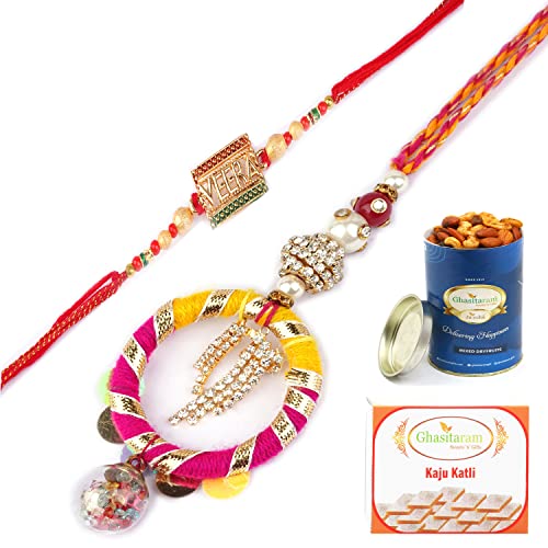 Ghasitaram Gifts Rakhis Online - Rakhi for Brother- RM-130 Bhaiya Bhabhi rakhi with 100 gms of Dryfruits Mix Can 200 gms of Kaju katli von Ghasitaram Gifts