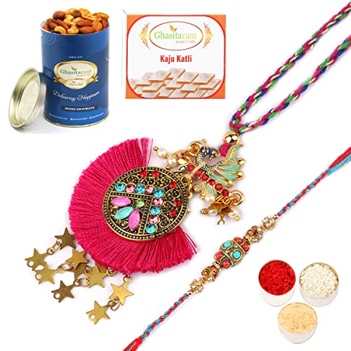 Ghasitaram Gifts Rakhis Online - Rakhi for Brother- RM-133 Bhaiya Bhabhi rakhi with 100 gms of Dryfruits Mix Can 200 gms of Kaju katli von Ghasitaram Gifts