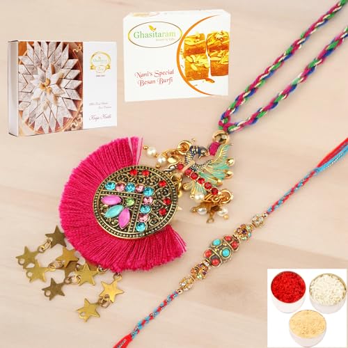 Ghasitaram Gifts Rakhis Online - Rakhi for Brother- RM-133 Bhaiya Bhabhi rakhi with 200 gms of Besan Barfi and 200 gms of Kaju Katli von Ghasitaram Gifts