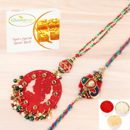 Ghasitaram Gifts Rakhis Online - Rakhi for Brother- RM-140 Bhaiya Bhabhi rakhi with 400 gms of Besan Barfi von Ghasitaram Gifts