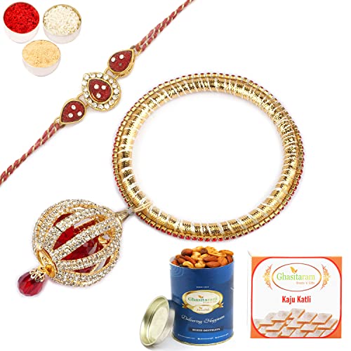 Ghasitaram Gifts Rakhis Online - Rakhi for Brother- RM-155 Bhaiya Bhabhi rakhi with 100 gms of Dryfruits Mix Can 200 gms of Kaju katli Ghasitaram Gifts Rakhis Online - Rakhi for Brother- RM-155 Bhaiya Bhabhi rakhi with 100 gms of Dryfruits Mix Can 200 gms of Kaju katli von Ghasitaram Gifts