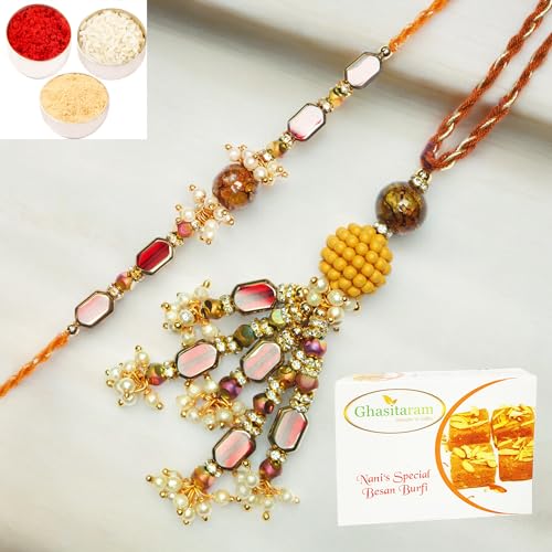 Ghasitaram Gifts Rakhis Online - Rakhi for Brother- RM-179 Bhaiya Bhabhi rakhi with 400 gms of Besan Barfi von Ghasitaram Gifts