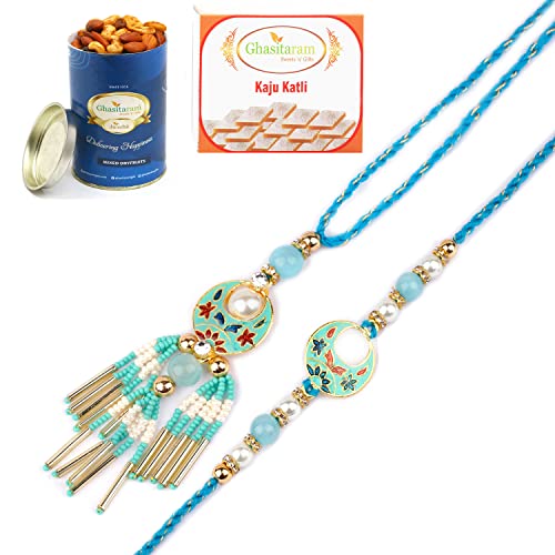 Ghasitaram Gifts Rakhis Online - Rakhi for Brother- RM-211 Bhaiya Bhabhi rakhi with 100 gms of Dryfruits Mix Can 200 gms of Kaju katli Ghasitaram Gifts Rakhis Online - Rakhi for Brother- RM-211 Bhaiya Bhabhi rakhi with 100 gms of Dryfruits Mix Can 200 gms of Kaju katli von Ghasitaram Gifts