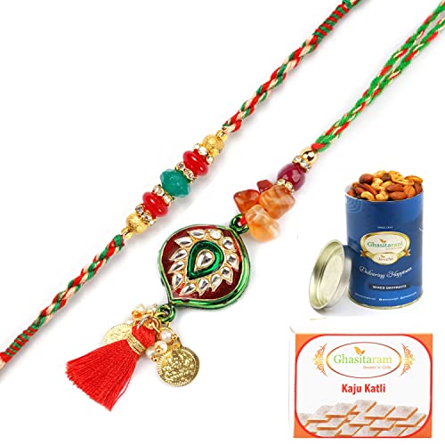 Ghasitaram Gifts Rakhis Online - Rakhi for Brother- RM-217 Bhaiya Bhabhi rakhi with 100 gms of Dryfruits Mix Can 200 gms of Kaju katli von Ghasitaram Gifts