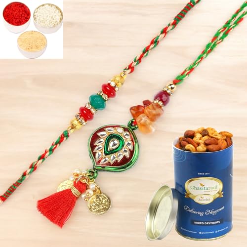 Ghasitaram Gifts Rakhis Online - Rakhi for Brother- RM-217 Bhaiya Bhabhi rakhi with 100 gms of Dryfruits Mix Can von Ghasitaram Gifts