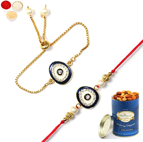 Ghasitaram Gifts Rakhis Online - Rakhi for Brother-RT-Evil Eye Bhaiya Bhabhi Rakhi with 100 gms of Dryfruits Mix Can Ghasitaram Gifts Rakhis Online - Rakhi for Brother-RT-Evil Eye Bhaiya Bhabhi Rakhi with 100 gms of Dryfruits Mix Can von Ghasitaram Gifts