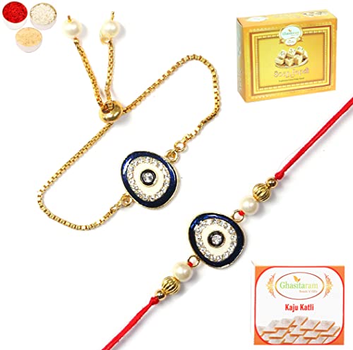 Ghasitaram Gifts Rakhis Online - Rakhi for Brother-RT-Evil Eye Bhaiya Bhabhi Rakhi with 200 gms of Kaju katli and 200 gms of Soan Papdi von Ghasitaram Gifts